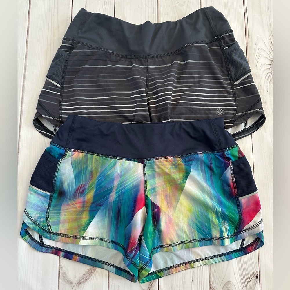 Athleta Tropea Ready Set Multi Watercolor Running Shorts/ Ready Set Go Striped